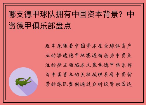 哪支德甲球队拥有中国资本背景？中资德甲俱乐部盘点