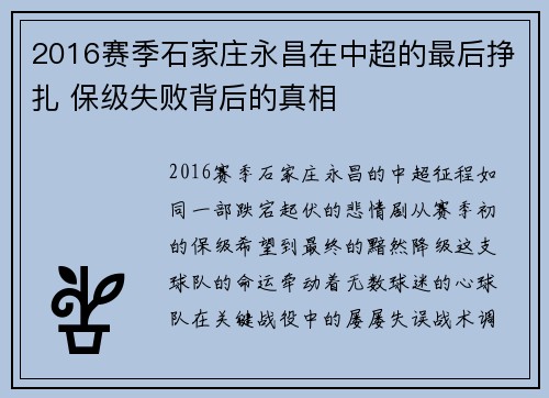 2016赛季石家庄永昌在中超的最后挣扎 保级失败背后的真相